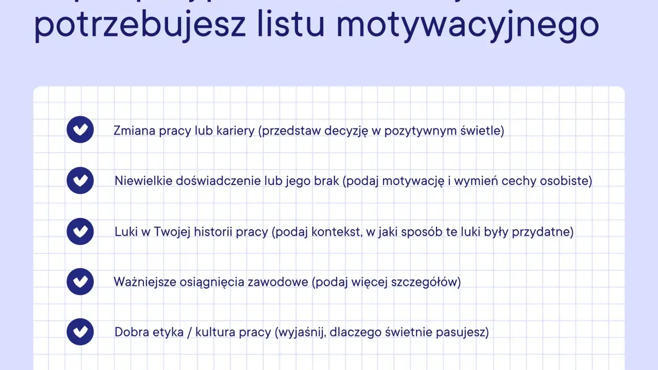 Top 5 sytuacji, gdy potrzebujesz listu motywacyjnego: zmiana pracy, brak doświadczenia, luki w CV, osiągnięcia i etyka pracy.