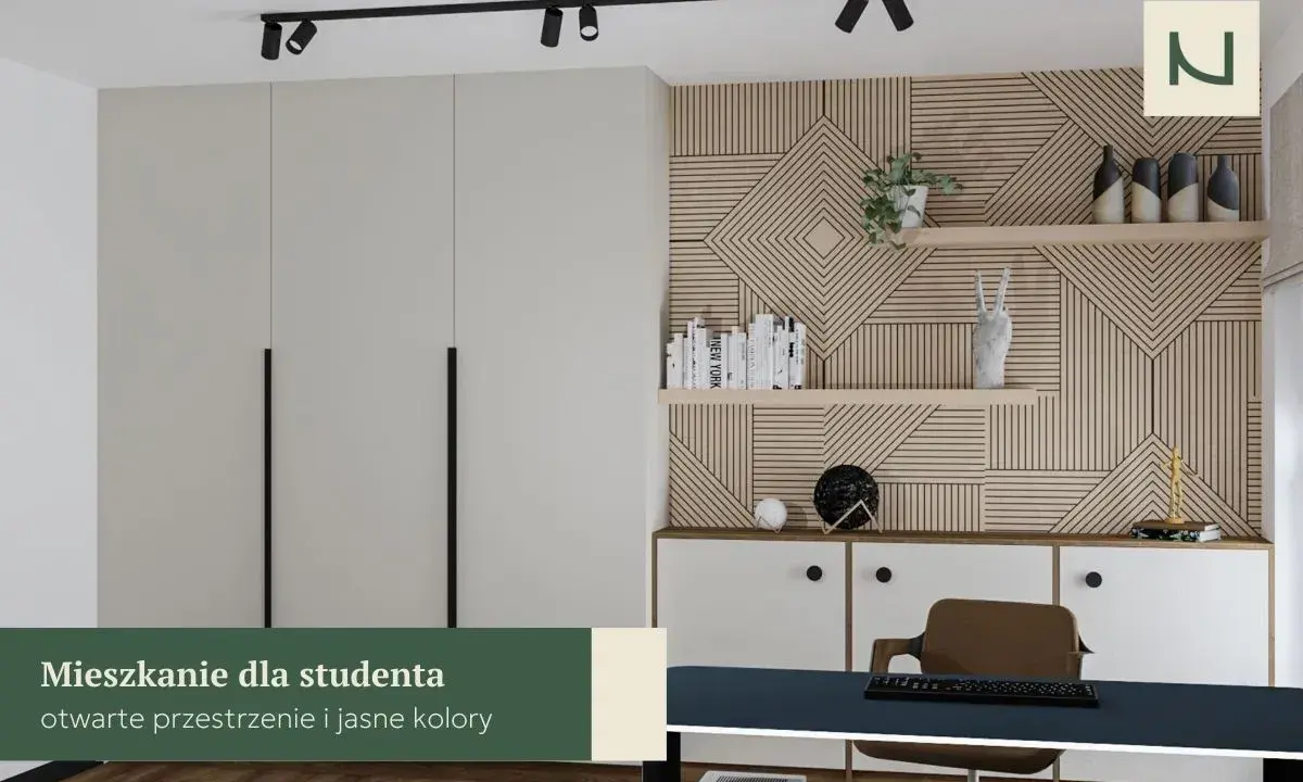 Nowoczesne mieszkanie dla studenta: jasne kolory, geometryczna ściana, biurko i szafy. Idealne miejsce do nauki i odpoczynku.
