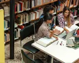 Trzy studentki przy stole w bibliotece, otoczone książkami, dyskutują o swoich kierunkach studiów.