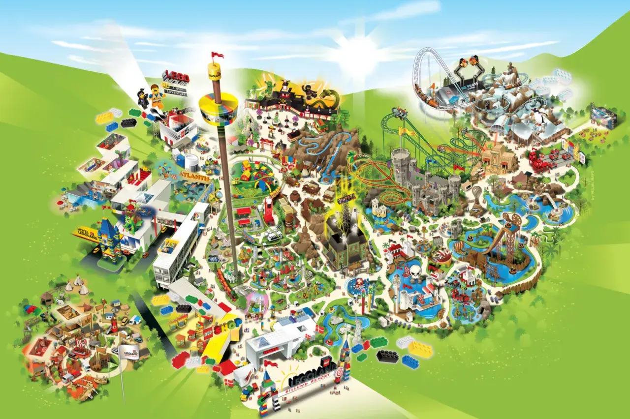 Mapa Legoland Dania: pełna przygód kraina z kolejkami, zamkami i wodnymi atrakcjami.
