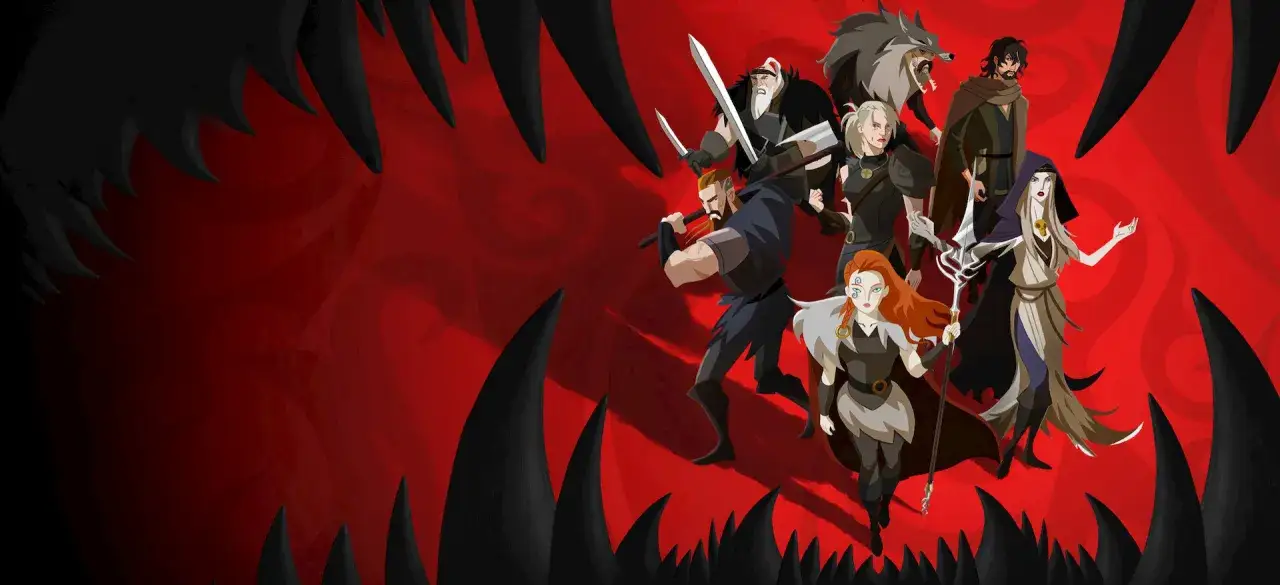 Bohaterowie serialu Ragnarok, w tym wojownicy i magiczna postać, gotowi do walki na tle czerwonych, stylizowanych zębów.
