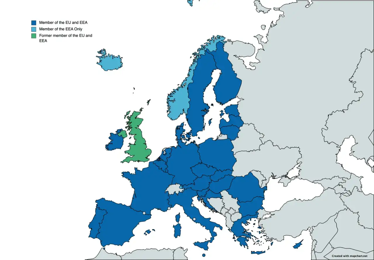 Mapa Europy pokazuje, że Norwegia jest członkiem EOG, ale nie UE.