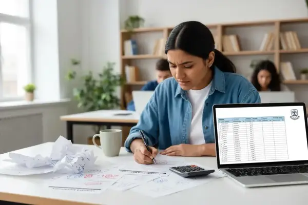 Uczennica pochylona nad zeszytem, obok kalkulator i laptop z tabelą wyników. Intensywna nauka do egzaminów **international baccalaureate**.