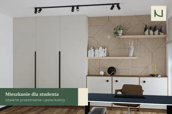 Nowoczesne mieszkanie dla studenta: jasne kolory, geometryczna ściana, biurko i szafy. Idealne miejsce do nauki i odpoczynku.