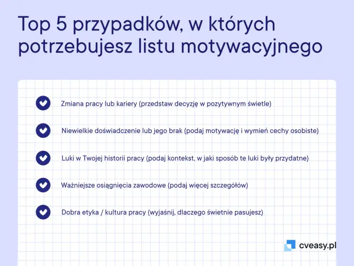 Top 5 sytuacji, gdy potrzebujesz listu motywacyjnego: zmiana pracy, brak doświadczenia, luki w CV, osiągnięcia i etyka pracy.