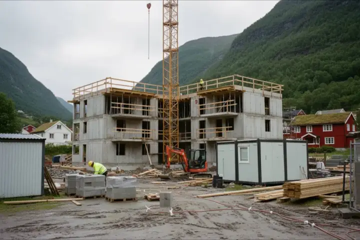 Budowa bloku mieszkalnego w Norwegii. Praca wre, widać koparkę, dźwig i robotników.